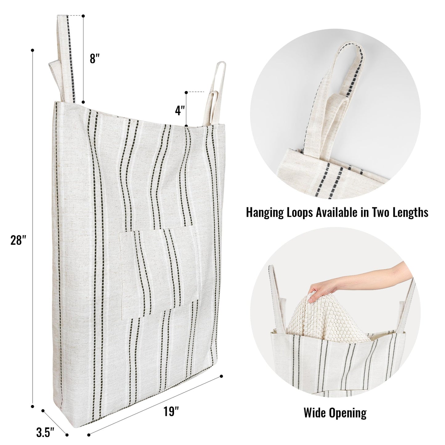 AELS Farmhouse Hanging Laundry Hamper with 2 Hooks, Washable Beige & Stripes Laundry Bag with Zipper & Wide Open Top, Over the Door Organizer for Dirty Clothes, Space Saving Storage