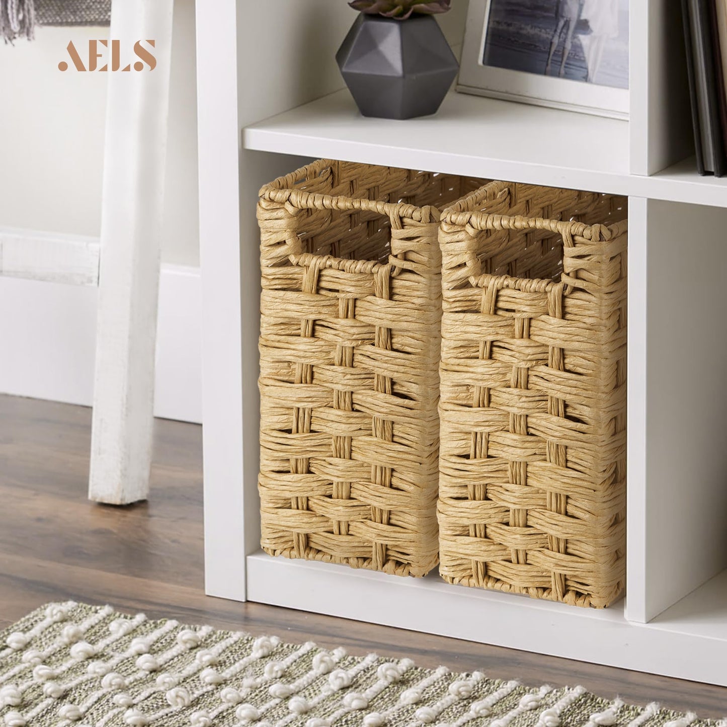 AELS Woven Natural Fibre Magazine Holder, Scalloped Edge Magazine Rack Floor, Hand-woven Magazine Organizer, Magazine Basket, Boho Modern Farmhouse Book Basket, File Newspaper Mail Holder for Office