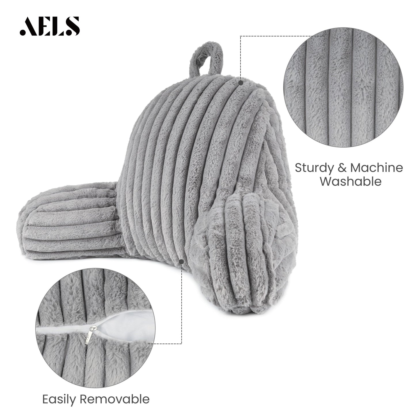 AELS Large Reading Pillow Replacement Cover with Arms and Pockets (Cover ONLY), 18" Soft Faux Fur Striped Backrest Pillow Cover Fits Standard Size Reading Pillows, Gray