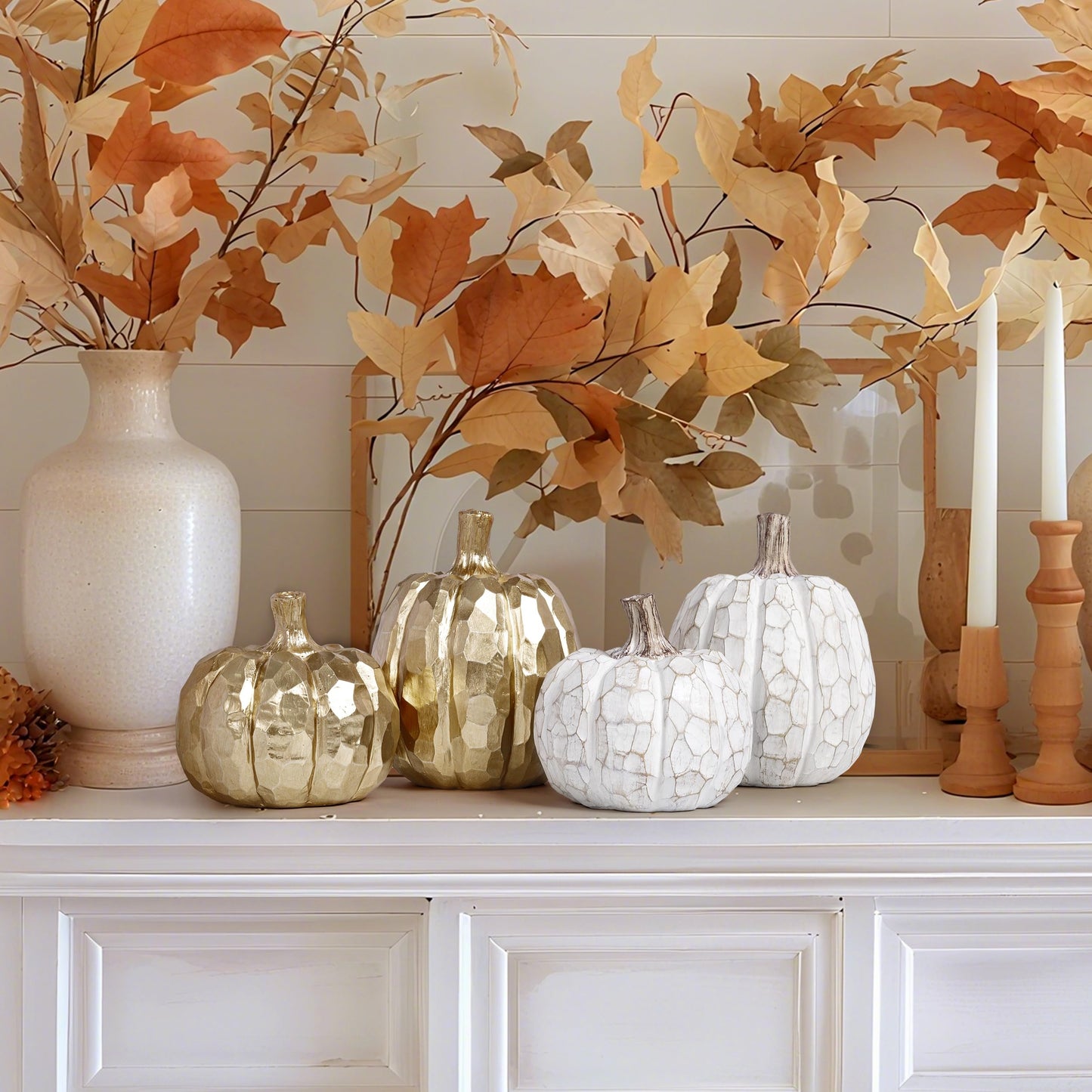 AELS 5.9" Tall Modern Pumpkins Fall Decor Indoor, Set of 2 Elegant Tabletop Decorations, Resin Artificial Pumpkins Decor for Fall Table Runner, Office, Holiday Party Home, Golden