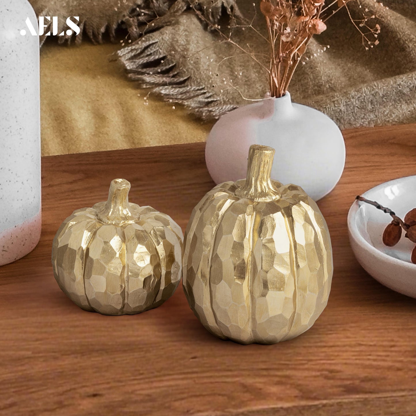 AELS 5.9" Tall Modern Pumpkins Fall Decor Indoor, Set of 2 Elegant Tabletop Decorations, Resin Artificial Pumpkins Decor for Fall Table Runner, Office, Holiday Party Home, Golden