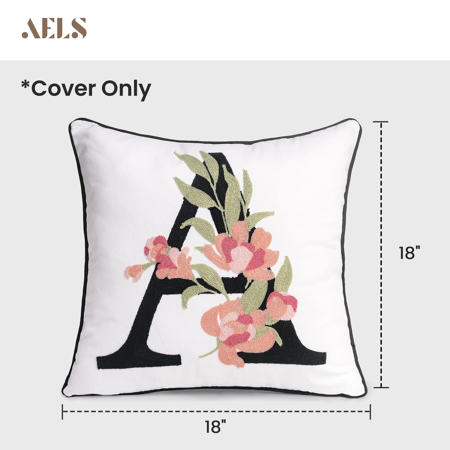 AELS Embroidered Letter Throw Pillow Cover, Chic Modern Botanical Alphabet Cushion Cover with Floral Monogram, 18"x18" Cotton Decorative Pillowcase for Couch, Sofa, Bed, or Living Room Decor, Letter A