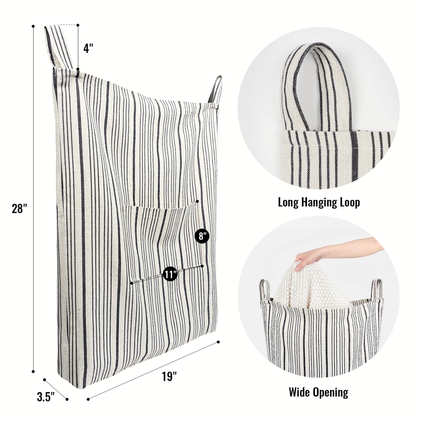 AELS Farmhouse Hanging Laundry Hamper with 2 Hooks, Washable Beige & Stripes Laundry Bag with Zipper & Wide Open Top, Over the Door Organizer for Dirty Clothes, Space Saving Storage