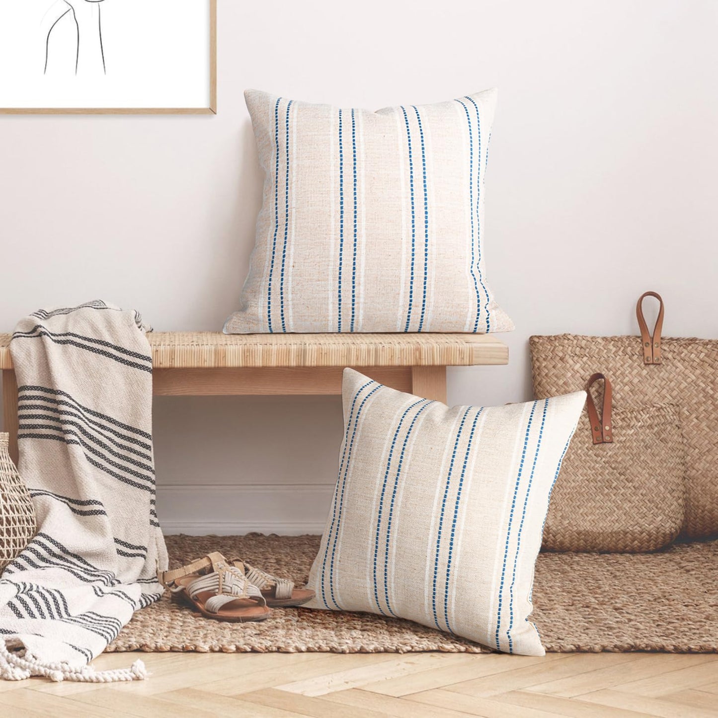 AELS 14x36 Decorative Lumbar Throw Pillow Covers, Farmhouse Linen Textured Long Pillow Case, Beige with White & Navy Blue Stitch Boho Cushion Cover for Couch Living Room (Cover ONLY)