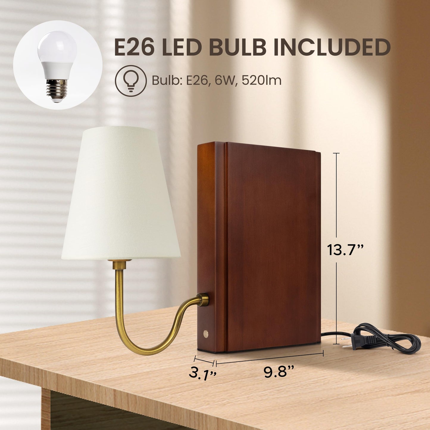 AELS Wooden Bookshelf Lamp with Bulb, Cordless Touch Dimmable Table Lamp with Linen Fabric Shade, Battery Operated, Modern Decorative Bookend, Book Sconce for Office Home Bedroom Bookshelf, Dark Brown