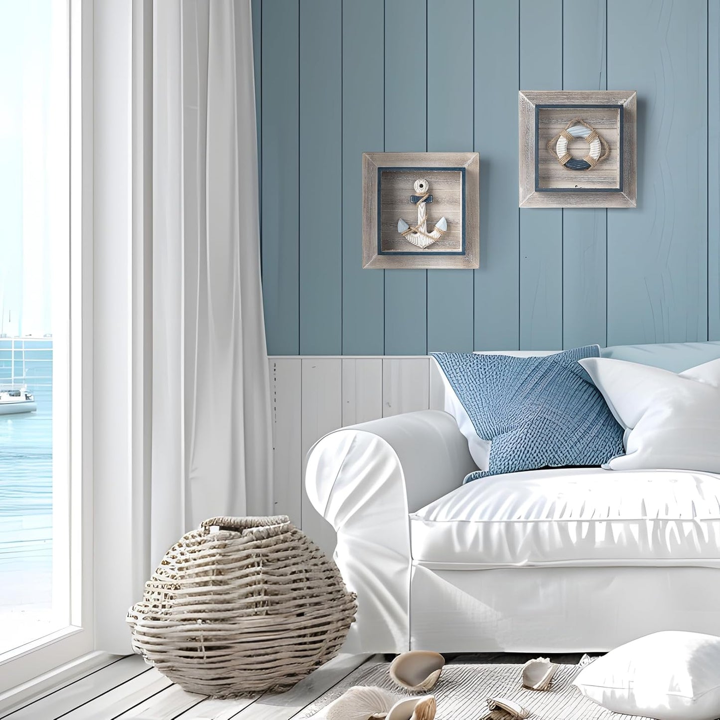 AELS 11.4" Large Wooden 3D Ocean Theme Wall Art Decor with LED Light, Rustic Nautical Wall Decor Framed Set of 2, Farmhouse Coastal Wall Art Sculpture, Shabby Chic Home Decor, Anchor & Life Ring