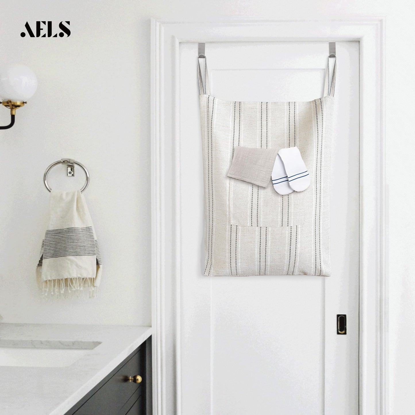 AELS Farmhouse Hanging Laundry Hamper with 2 Hooks, Washable Beige & Stripes Laundry Bag with Zipper & Wide Open Top, Over the Door Organizer for Dirty Clothes, Space Saving Storage