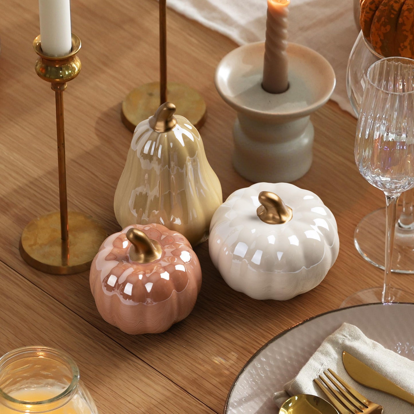 AELS Modern Ceramic Pumpkins Fall Decor Indoor, Set of 3 Chic Tabletop Decorations, Artificial Pumpkins Decor for Fall Table Runner, Office, Holiday Party Home, Black and White