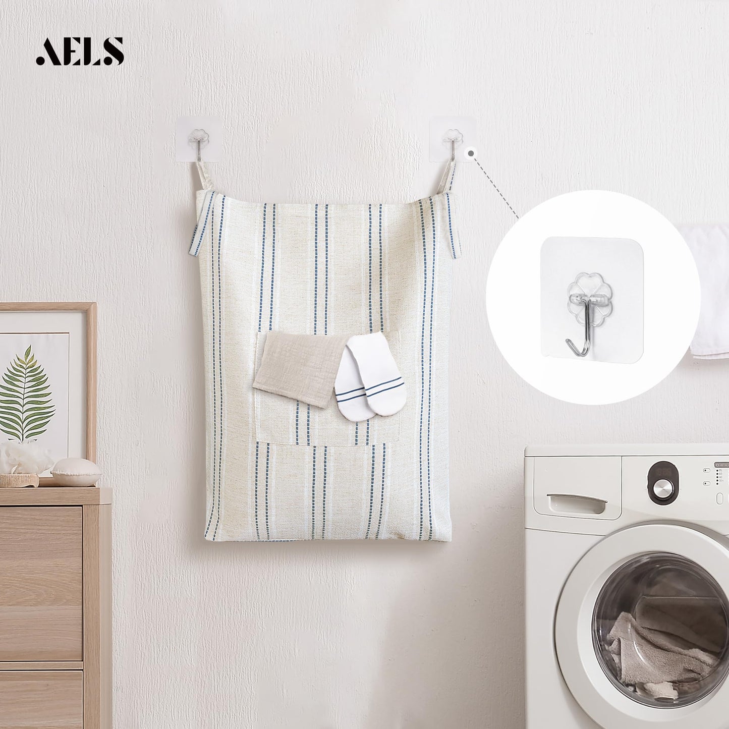 AELS Farmhouse Hanging Laundry Hamper with 2 Hooks, Washable Beige & Stripes Laundry Bag with Zipper & Wide Open Top, Over the Door Organizer for Dirty Clothes, Space Saving Storage