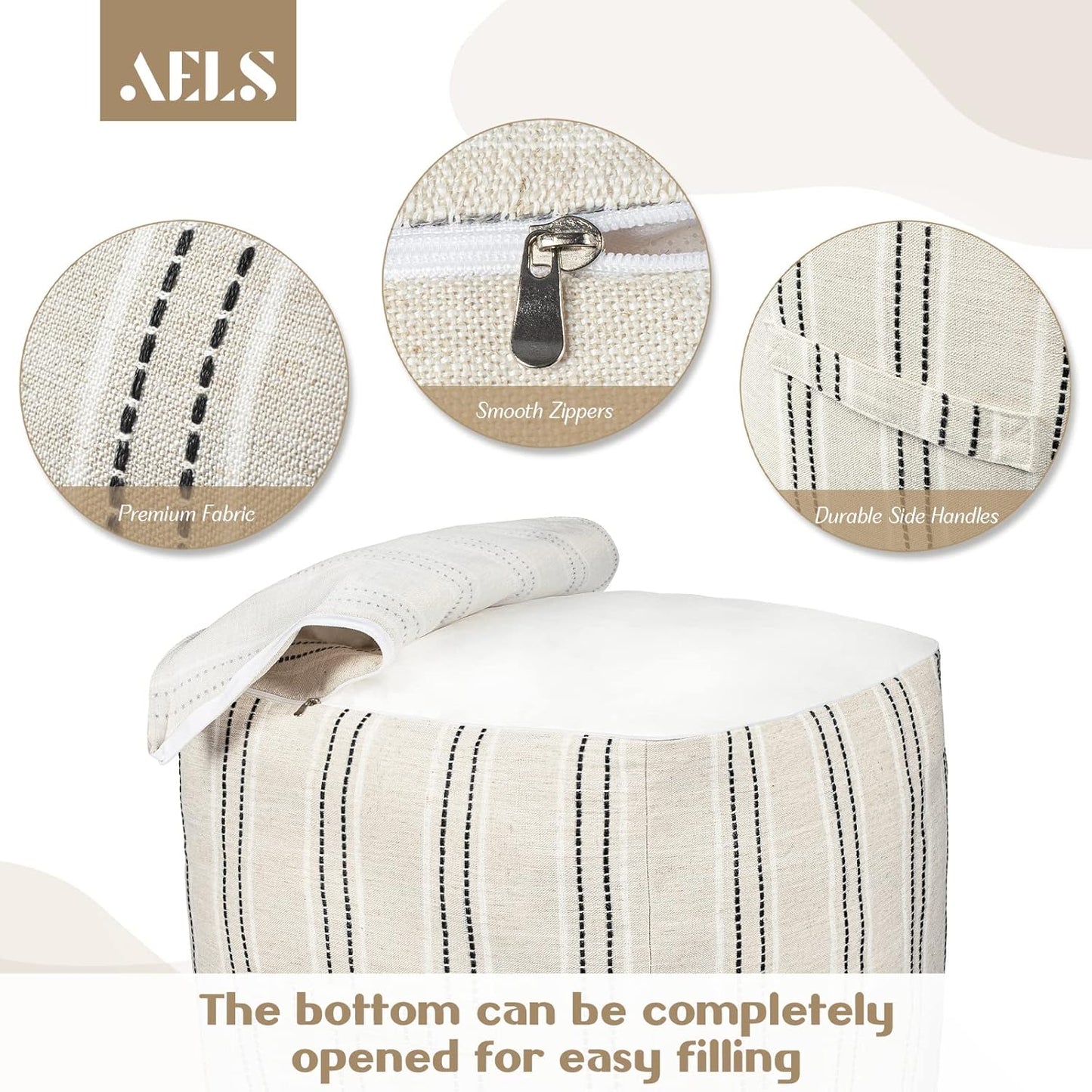 AELS Unstuffed Farmhouse Pouf Cover for Living Room, Storage Bean Bag Cubes, Off Beige & Light Brown Stripes Linen Square Ottoman Pouf Foot Rest Footstool, 18"x18"x18", Cover ONLY