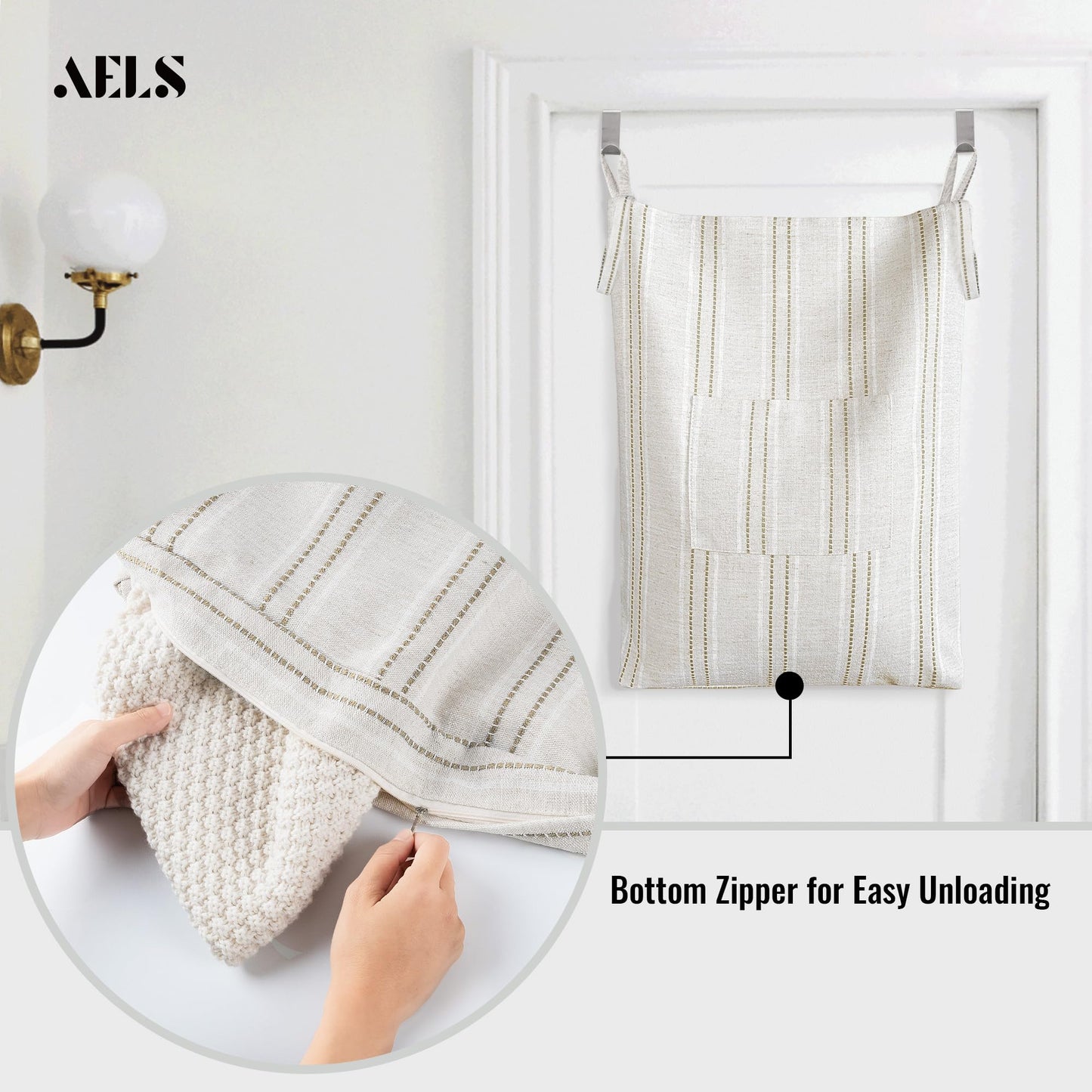 AELS Farmhouse Hanging Laundry Hamper with 2 Hooks, Washable Beige & Stripes Laundry Bag with Zipper & Wide Open Top, Over the Door Organizer for Dirty Clothes, Space Saving Storage
