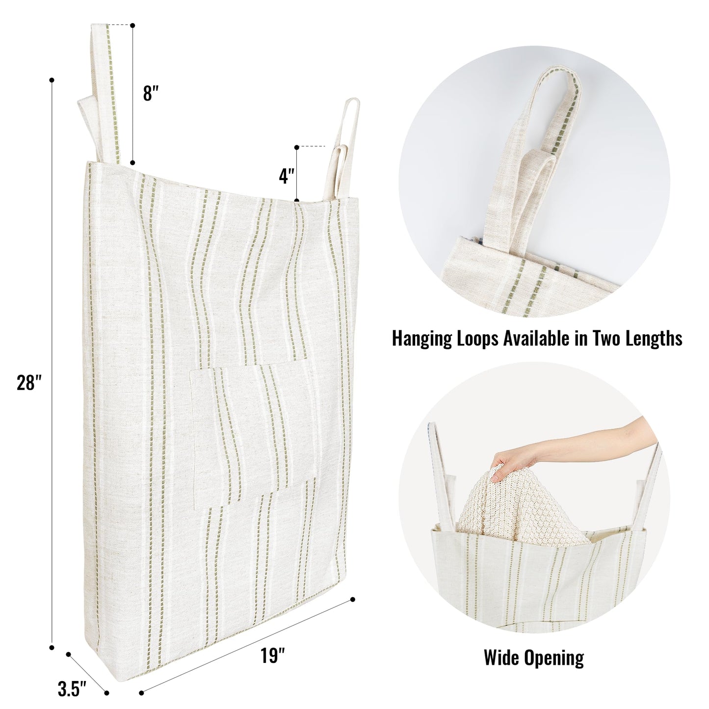 AELS Farmhouse Hanging Laundry Hamper with 2 Hooks, Washable Beige & Stripes Laundry Bag with Zipper & Wide Open Top, Over the Door Organizer for Dirty Clothes, Space Saving Storage
