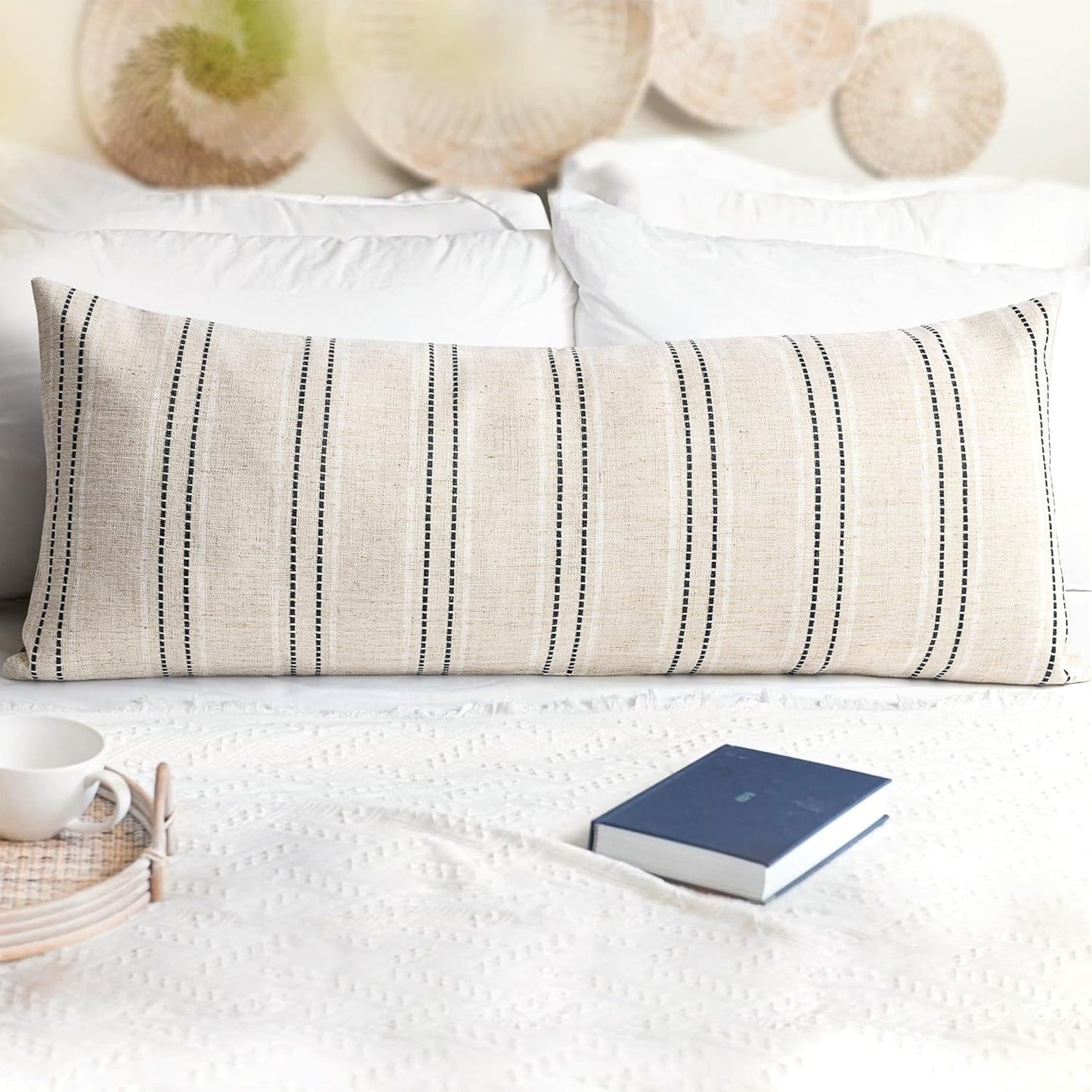 AELS 14x36 Decorative Lumbar Throw Pillow Covers, Farmhouse Linen Textured Long Pillow Case, Beige with White & Navy Blue Stitch Boho Cushion Cover for Couch Living Room (Cover ONLY)