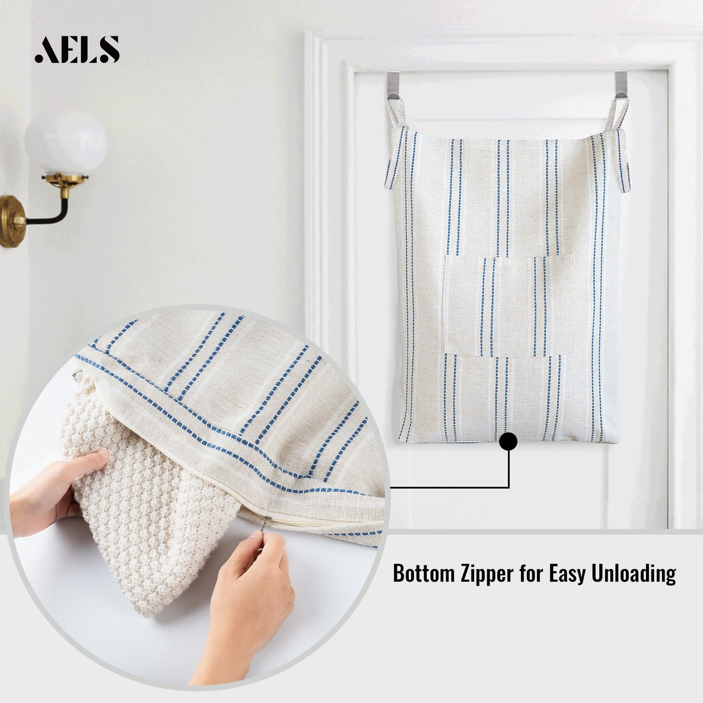 AELS Farmhouse Hanging Laundry Hamper with 2 Hooks, Washable Beige & Stripes Laundry Bag with Zipper & Wide Open Top, Over the Door Organizer for Dirty Clothes, Space Saving Storage