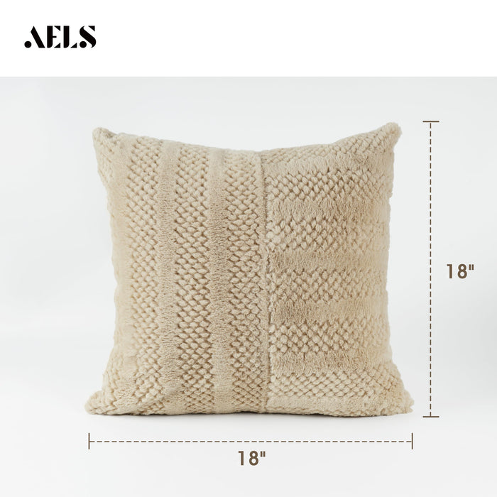 AELS 20x20 Decorative Boho Farmhouse Striped Throw Pillow Covers, Soft Faux Fur Pillow Case, Set of 2, Textured Patchwork Cushion Cover for Sofa Couch Living Room, Apricot & Brown (Cover ONLY)