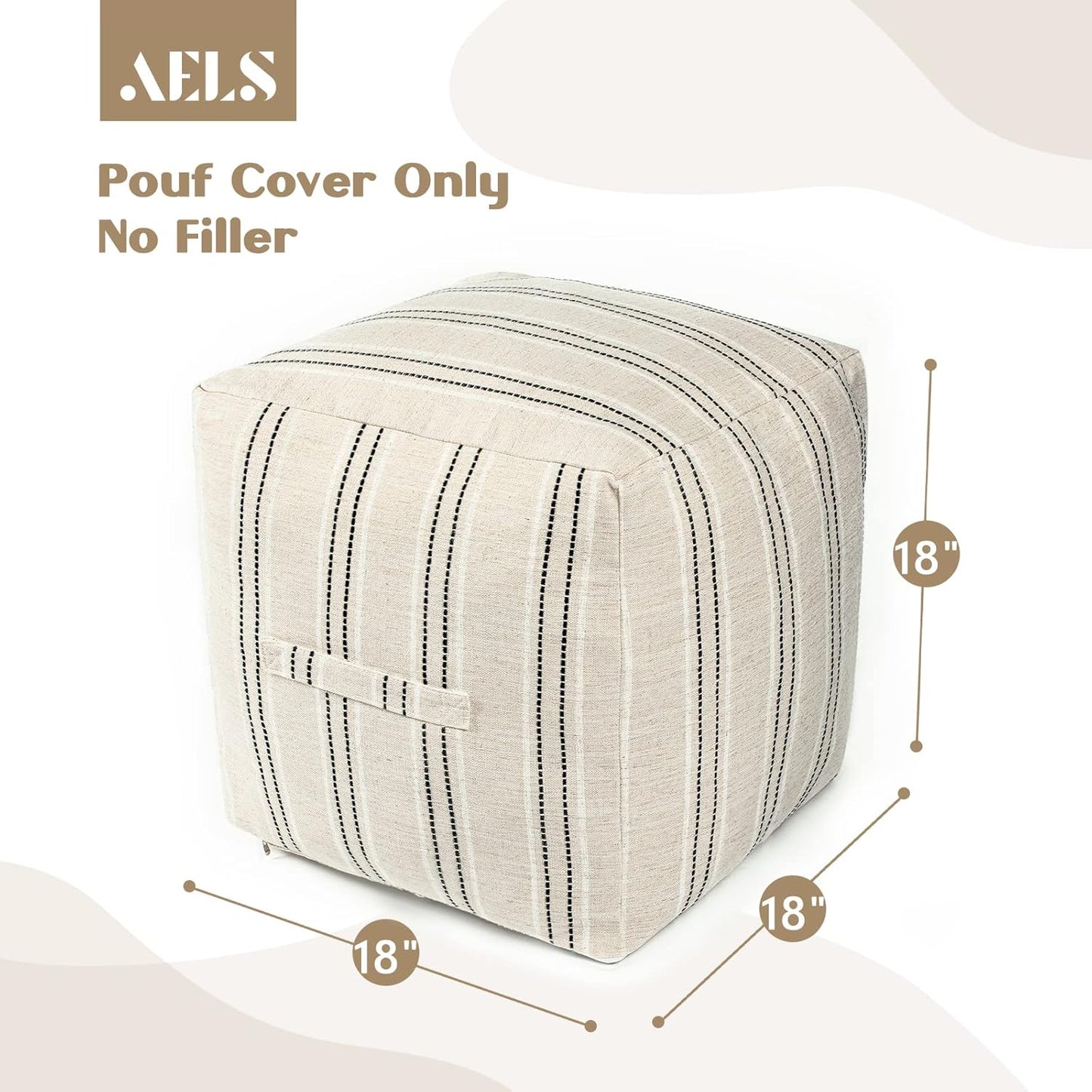AELS Unstuffed Farmhouse Pouf Cover for Living Room, Storage Bean Bag Cubes, Off Beige & Light Brown Stripes Linen Square Ottoman Pouf Foot Rest Footstool, 18"x18"x18", Cover ONLY
