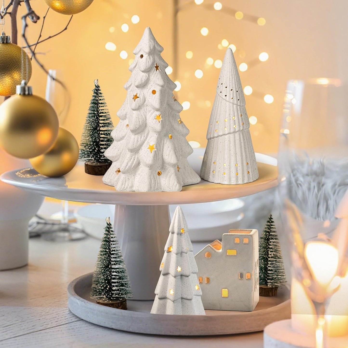 AELS Cordless Lighted Ceramic Christmas Tree, Set of 3, Matte White Tabletop Xmas Figurines Decorations with Lights for Christmas Holiday Decor, White Christmas Decorations