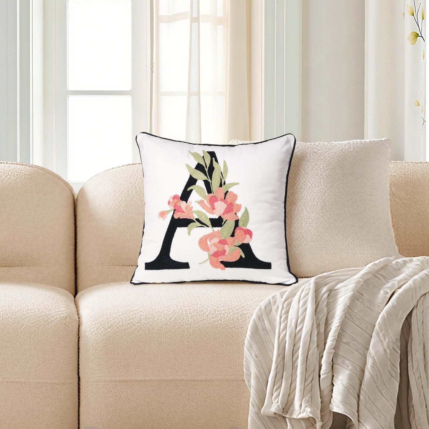 AELS Embroidered Letter Throw Pillow Cover, Chic Modern Botanical Alphabet Cushion Cover with Floral Monogram, 18"x18" Cotton Decorative Pillowcase for Couch, Sofa, Bed, or Living Room Decor, Letter A