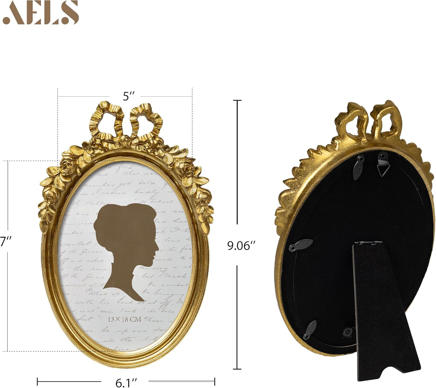 AELS 5x7 Inch Bow Vintage Picture Frame, Floral Rose Antique Oval Gold Photo Frames with Glass Front, Elegant Photo Display, Tabletop Wall Hanging, Gift Ideas