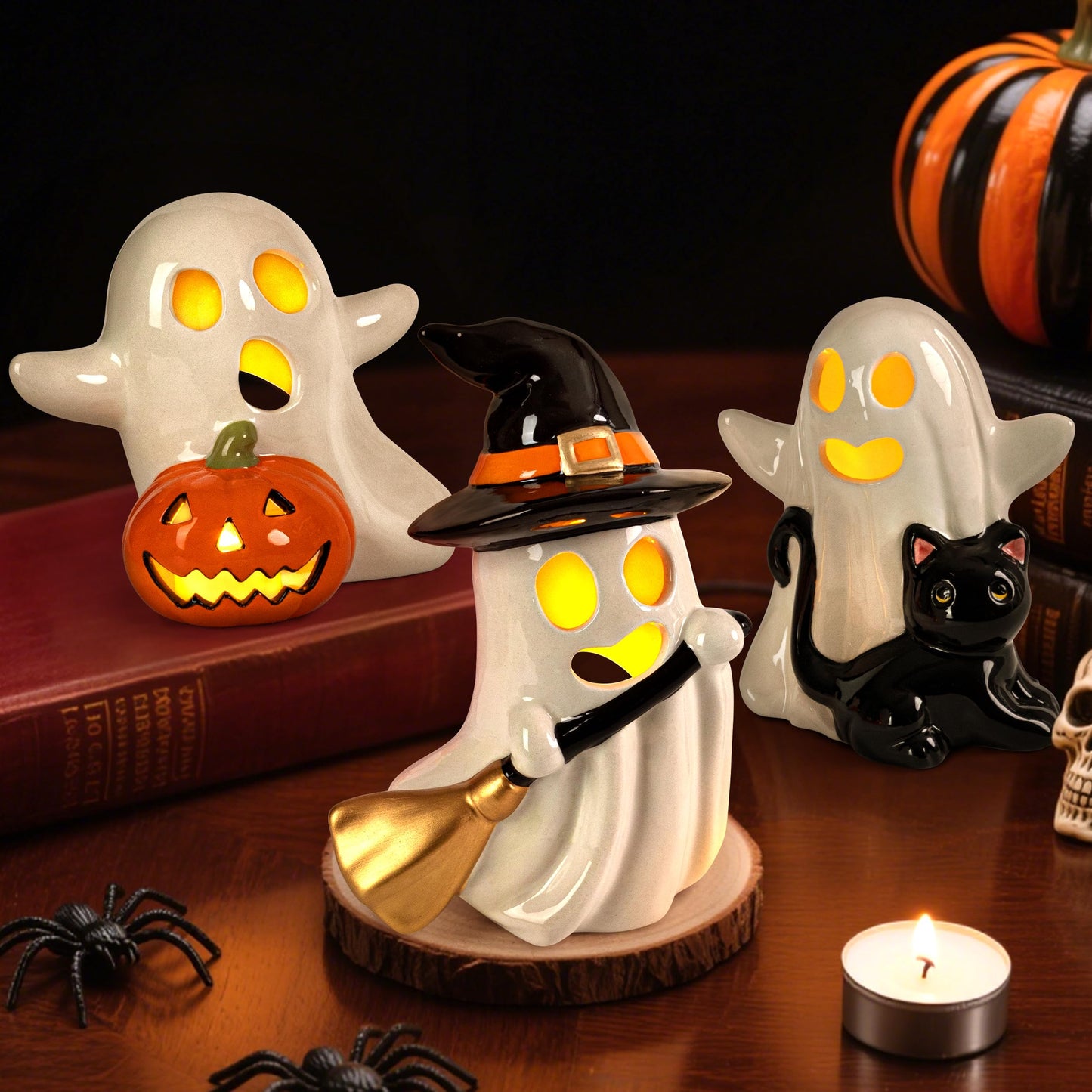 AELS Halloween Pumpkin Tealight Holders – Set of 3 Ceramic Jack O' Lantern Candle Holders with Ghosts, Spooky Sculptures Ghost Figurines, Indoor Tabletop Decorations for Holiday Party Home