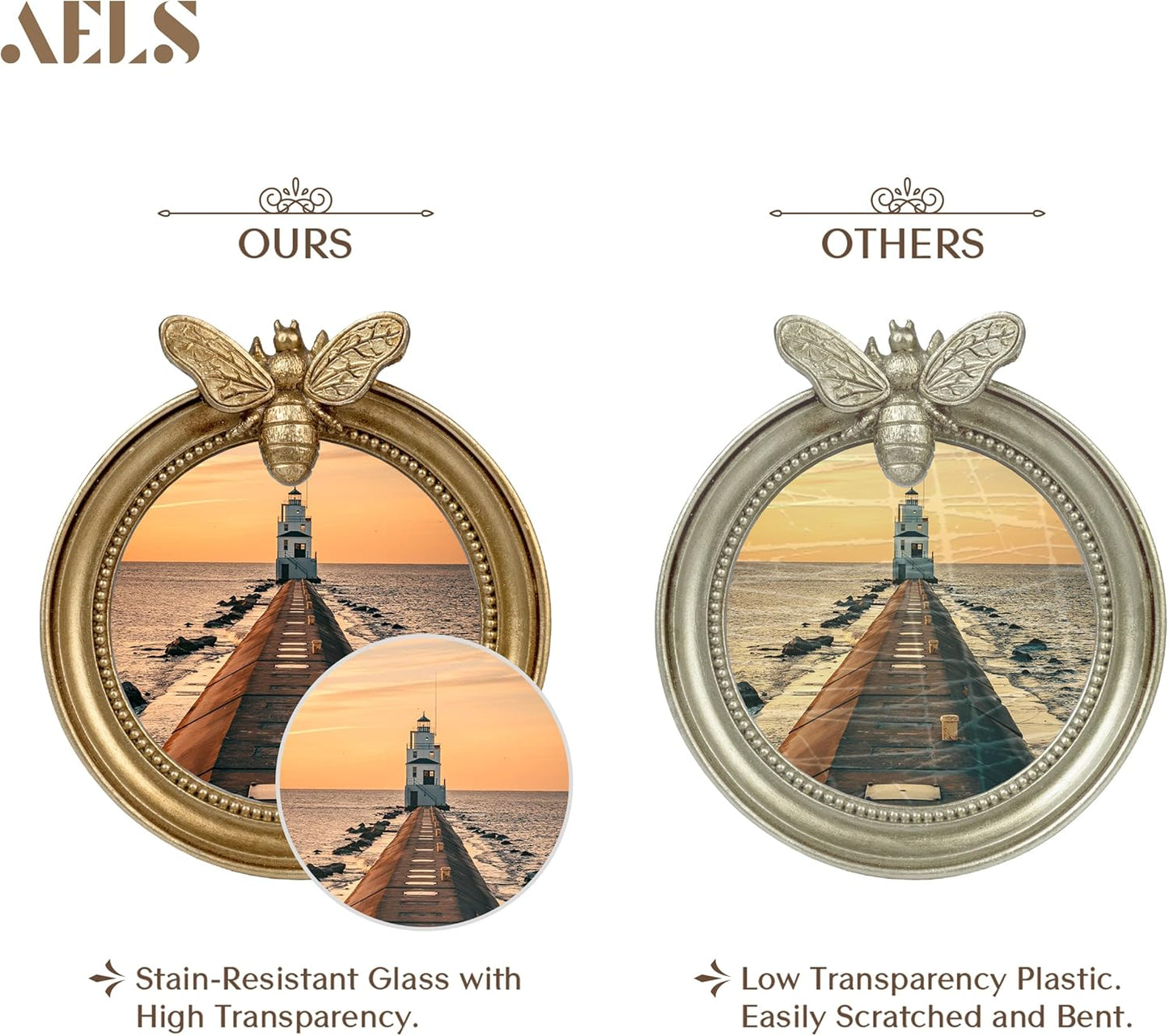 AELS 3.5 Inch Small Vintage Picture Frames Set of 3, Round Antique Photo Frames Set with Glass Front, Photo Display, Tabletop Wall Hanging, Gift Ideas, Golden