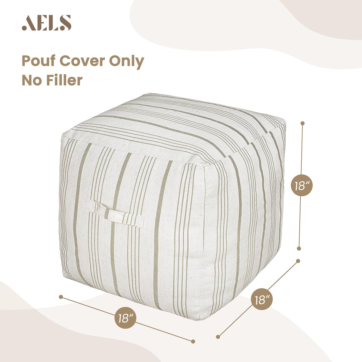 AELS Unstuffed Farmhouse Pouf Cover for Living Room, Storage Bean Bag Cubes, Off Beige & Light Brown Stripes Linen Square Ottoman Pouf Foot Rest Footstool, 18"x18"x18", Cover ONLY