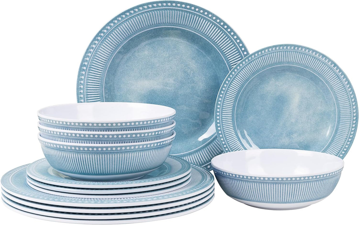AELS Melamine Dinnerware Set of 12 Pcs, Dinner Dishes Set for Indoor and Outdoor Use, Melamine Plates and Bowls Set for 4, Dishwasher Safe, Lightweight Unbreakable, BPA Free, Blue