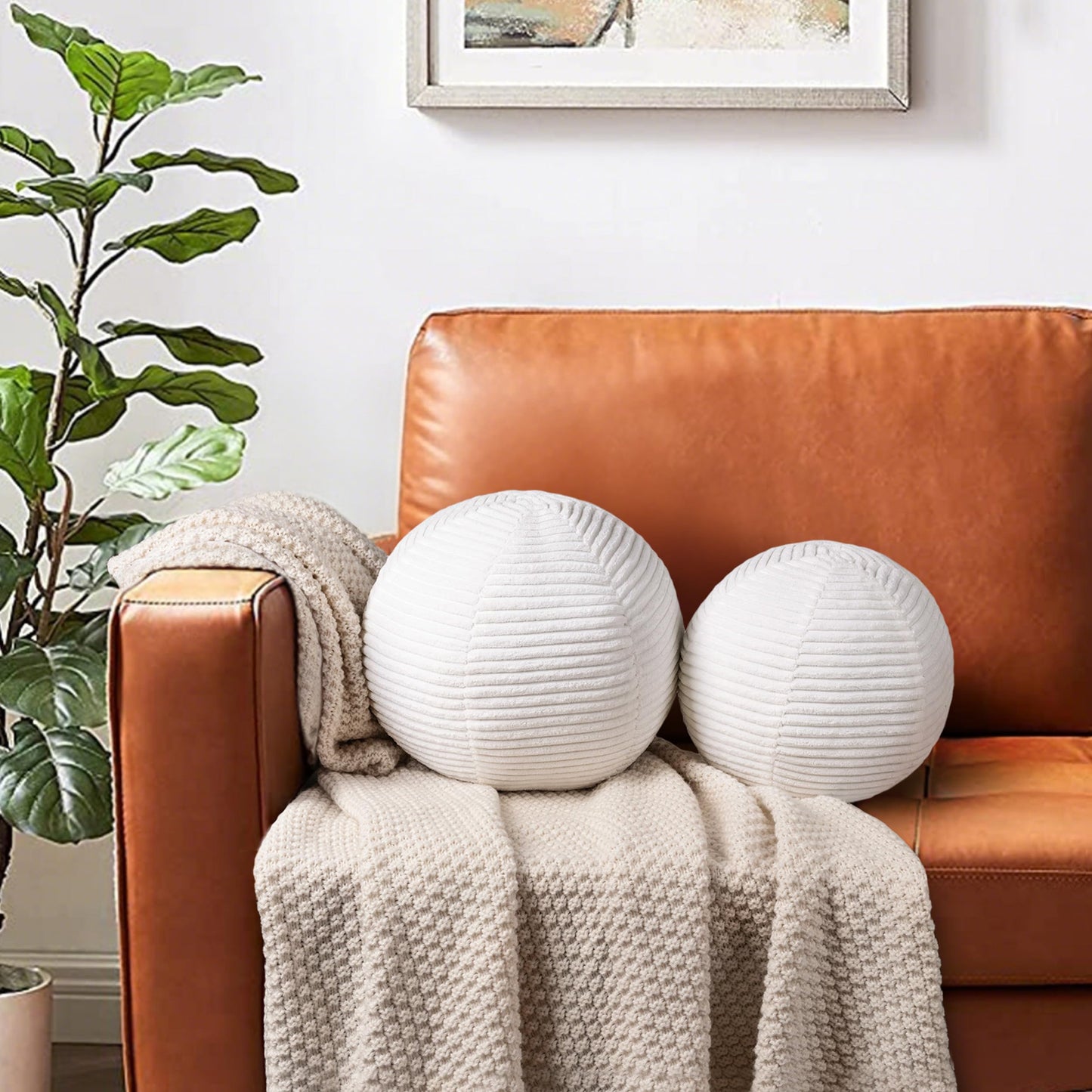 AELS Round Decorative Throw Pillows, Set of 2, 11.8"& 10" Corduroy Striped Ball Pillow Set for Couch Sofa Living Room Bedroom Nursery Decor, Mid Century Modern Home Decor, Sage Green