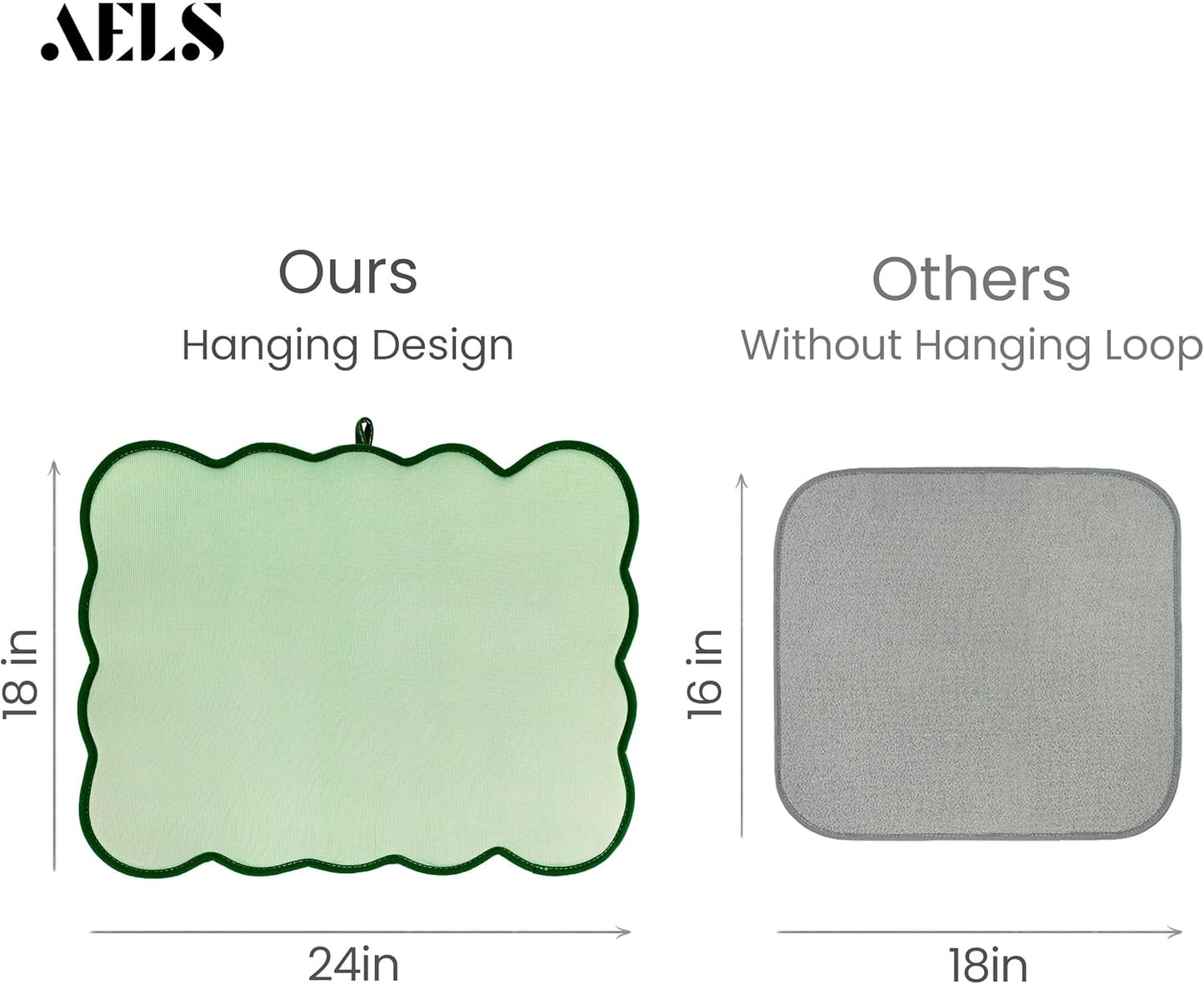 AELS XL 24" x 18" Scalloped Dish Drying Mat, Set of 2, for Kitchen Counter, Sage Green Absorbent Microfiber Dish Drainer/Rack Pads with Hanging Loop