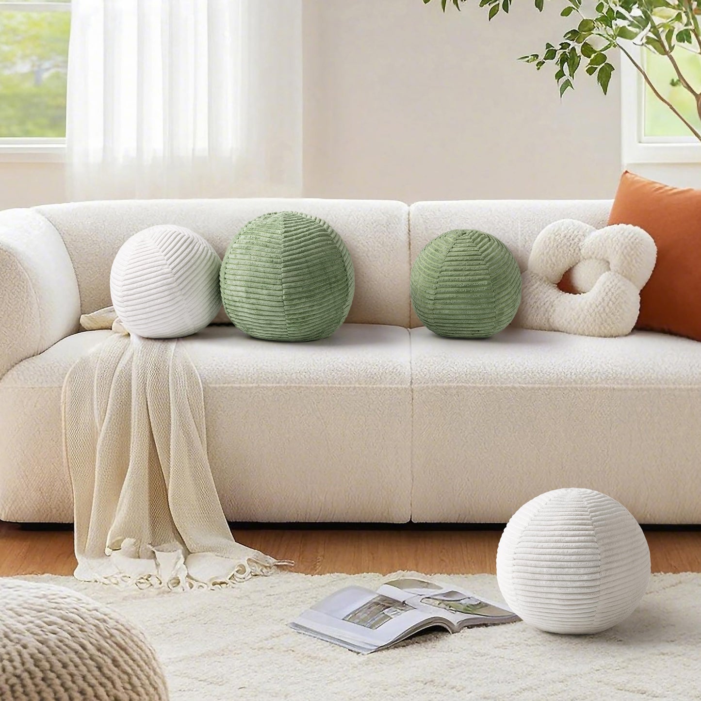 AELS Round Decorative Throw Pillows, Set of 2, 11.8"& 10" Corduroy Striped Ball Pillow Set for Couch Sofa Living Room Bedroom Nursery Decor, Mid Century Modern Home Decor, Sage Green