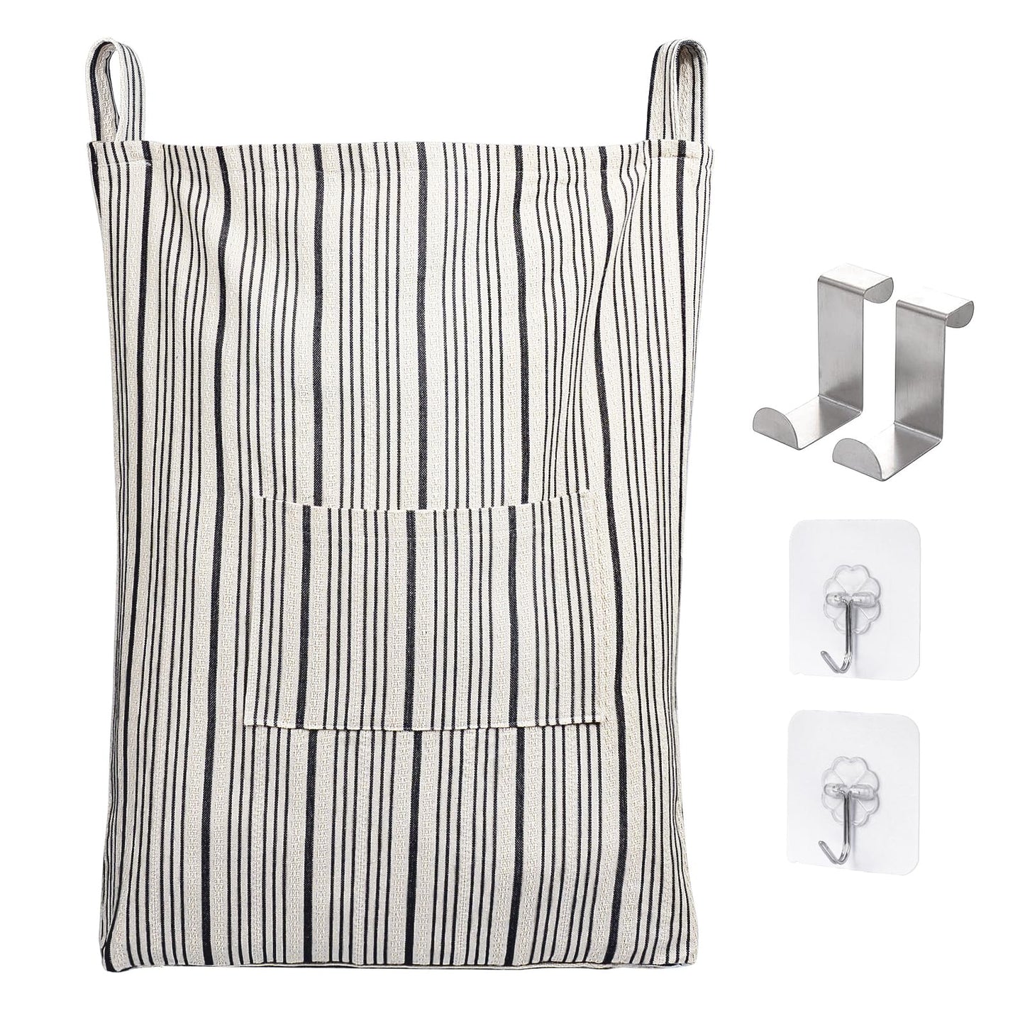 AELS Farmhouse Hanging Laundry Hamper with 2 Hooks, Washable Beige & Stripes Laundry Bag with Zipper & Wide Open Top, Over the Door Organizer for Dirty Clothes, Space Saving Storage