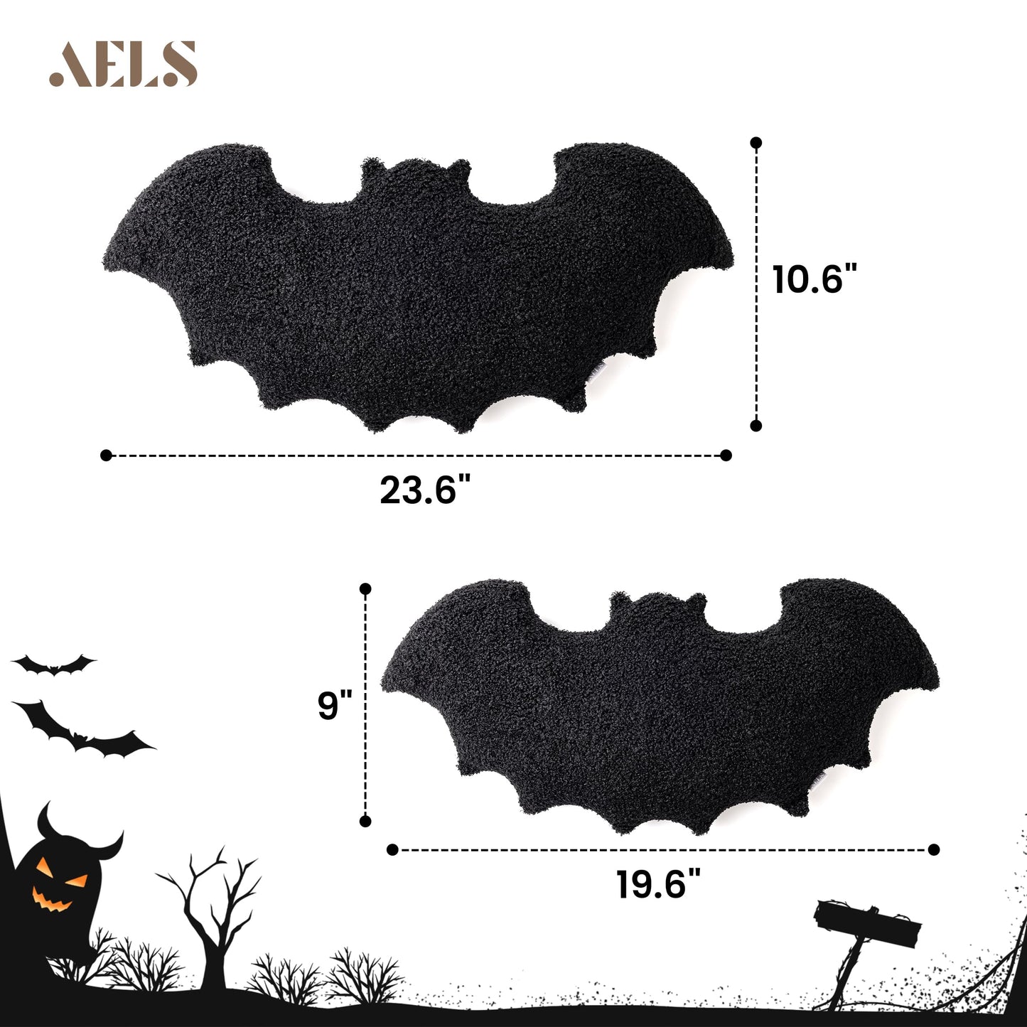 AELS Bat Pillow Set of 2, 23.6"&19.6" Bats Plush Pillow, Halloween Pillows for Holiday Party Home, Halloween Decorations for Living Room Bedroom, Black