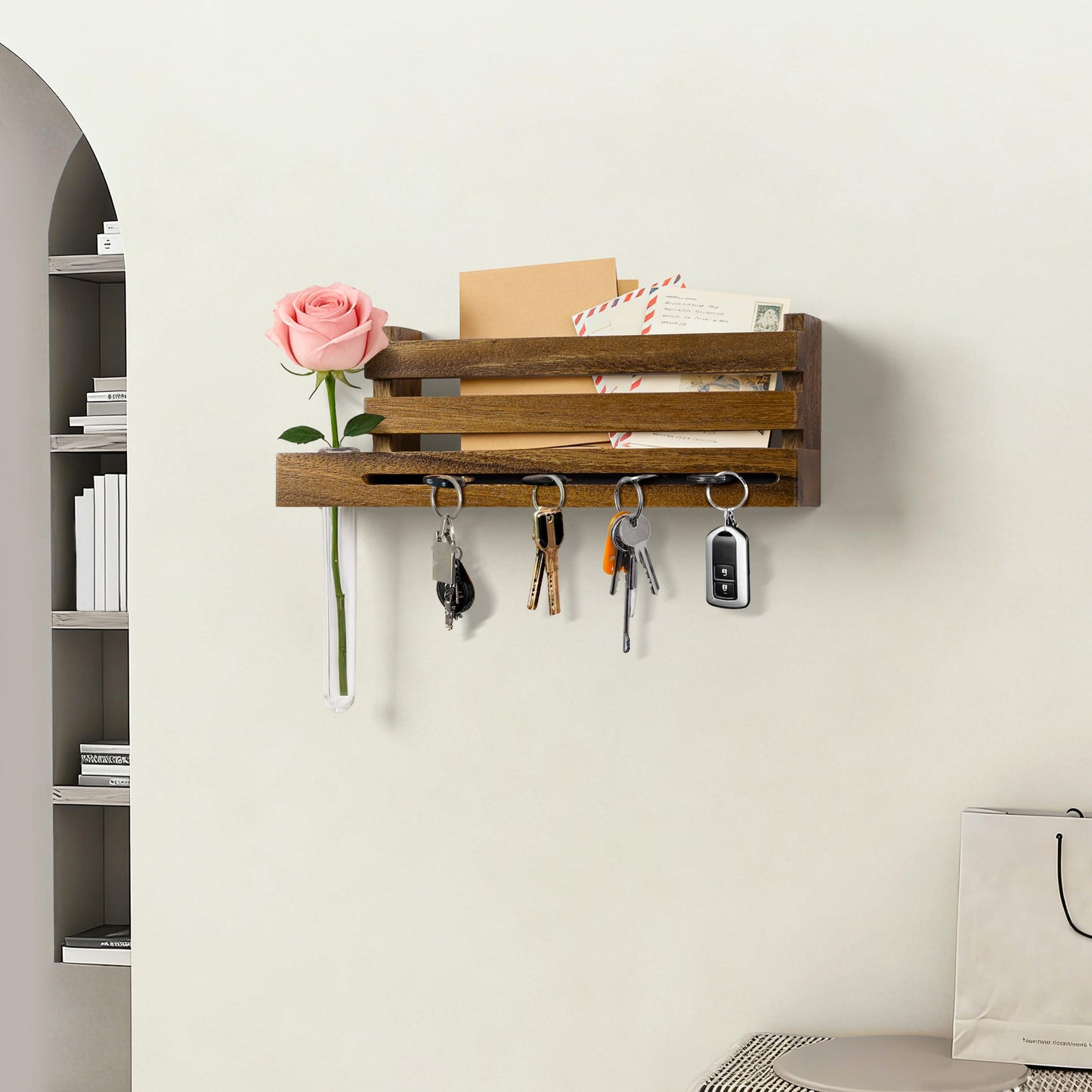 AELS Black Wall Mounted Key Holder with Acrylic Vase & Mail Organizer, Wooden Entryway Key Rack with 5.9" Test Tube Vase, Decorative Key Hanger with Slot for Keys and Letters, Gift Idea