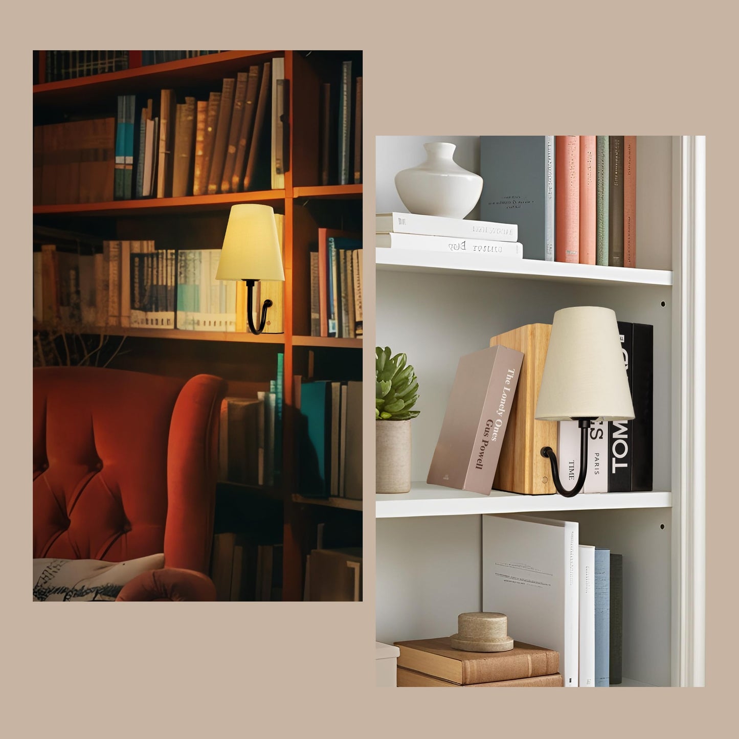 AELS Wooden Bookshelf Lamp with Bulb, Cordless Touch Dimmable Table Lamp with Linen Fabric Shade, Battery Operated, Modern Decorative Bookend, Book Sconce for Office Home Bedroom Bookshelf, Dark Brown