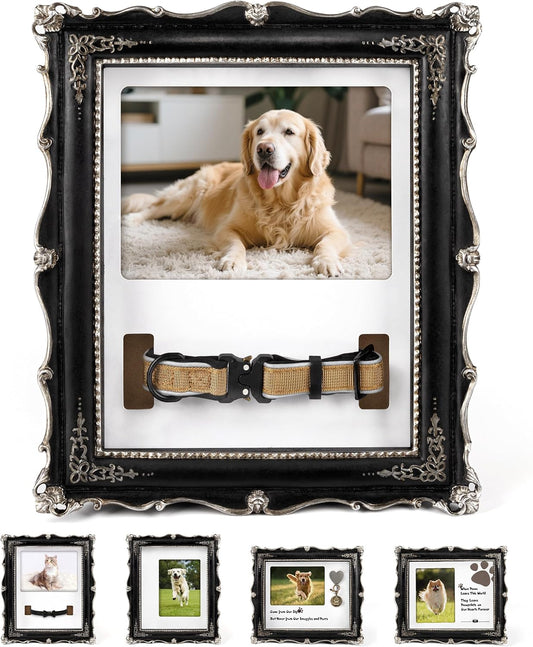 AELS Pet Memorial Picture Frame, Vintage Picture Frame with Photo Slot, Remembrance Gifts for Dog & Cat, Pet Loss Sign, Pet Memorial Collar Frame, Tabletop Wall Hanging, 5x7 Photo Insert, Black Silver