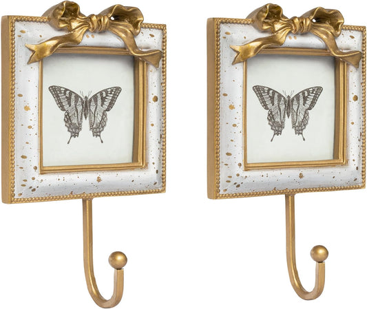 AELS Decorative Wall Hooks with 4"x4" Bow Picture Frame, Vintage Photo Holder with Golden Hook for Coats, Purses, Towels and Keys, Ideal for Entryway, Bedroom or Wedding Decor, Gift Ideas