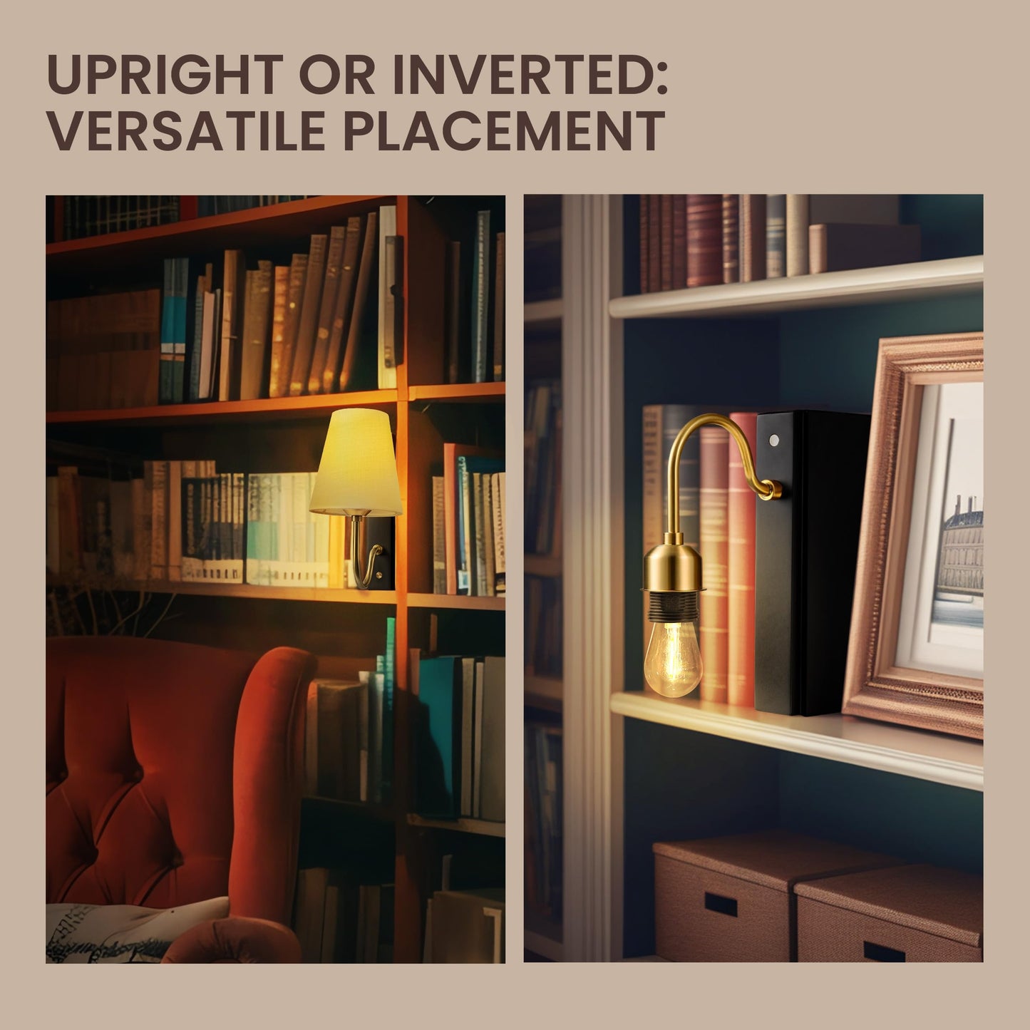 AELS Wooden Bookshelf Lamp with Bulb, Cordless Touch Dimmable Table Lamp with Linen Fabric Shade, Battery Operated, Modern Decorative Bookend, Book Sconce for Office Home Bedroom Bookshelf, Dark Brown