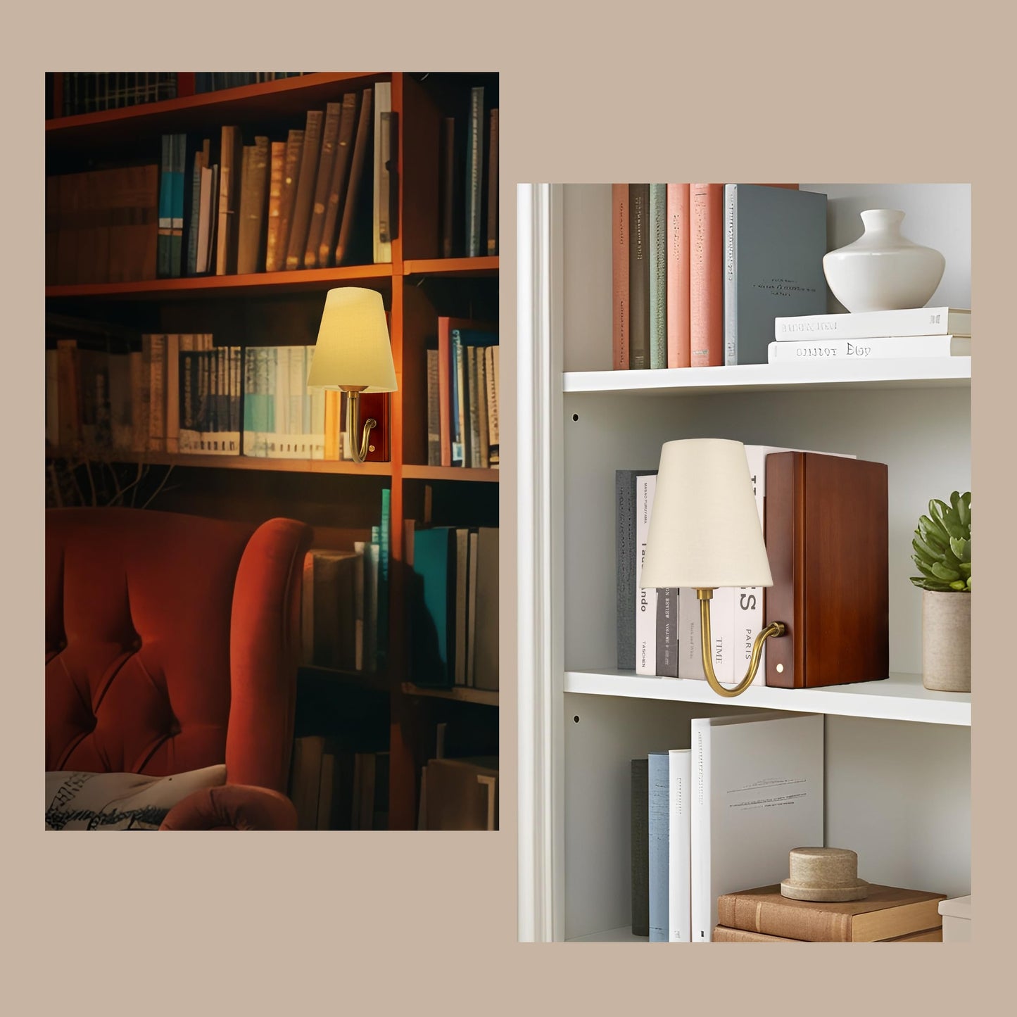 AELS Wooden Bookshelf Lamp with Bulb, Cordless Touch Dimmable Table Lamp with Linen Fabric Shade, Battery Operated, Modern Decorative Bookend, Book Sconce for Office Home Bedroom Bookshelf, Dark Brown