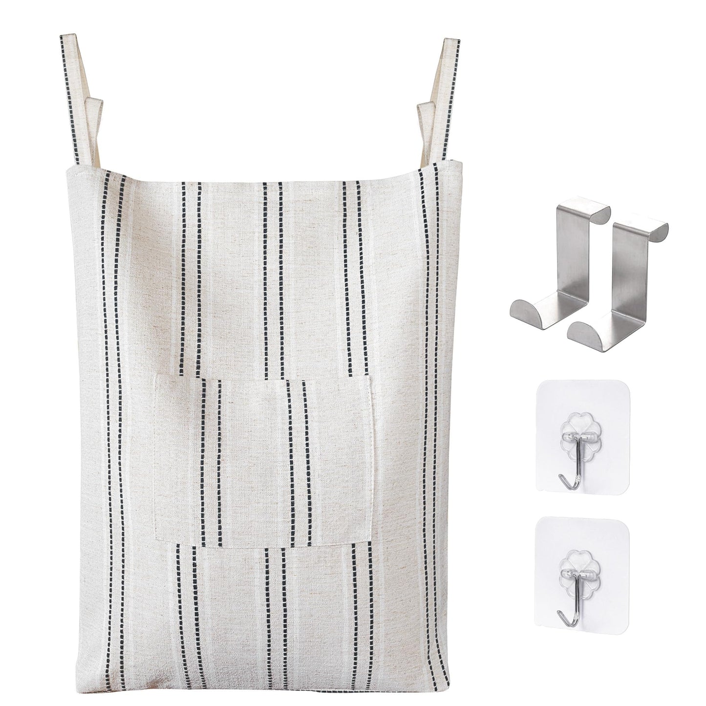 AELS Farmhouse Hanging Laundry Hamper with 2 Hooks, Washable Beige & Stripes Laundry Bag with Zipper & Wide Open Top, Over the Door Organizer for Dirty Clothes, Space Saving Storage