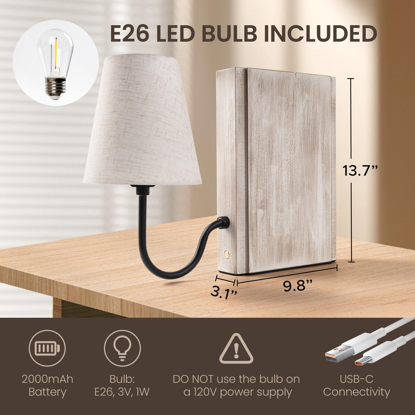 AELS Wooden Bookshelf Lamp with Bulb, Cordless Touch Dimmable Table Lamp with Linen Fabric Shade, Battery Operated, Modern Decorative Bookend, Book Sconce for Office Home Bedroom Bookshelf, Dark Brown