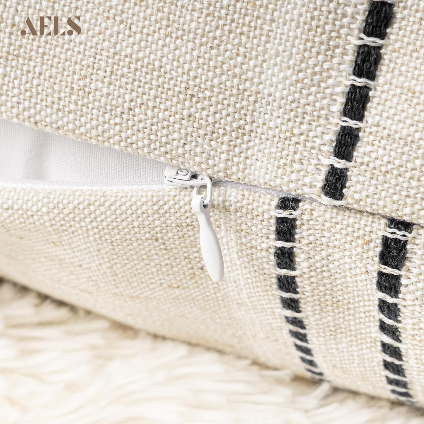 AELS 14x36 Decorative Lumbar Throw Pillow Covers, Farmhouse Linen Textured Long Pillow Case, Beige with White & Navy Blue Stitch Boho Cushion Cover for Couch Living Room (Cover ONLY)
