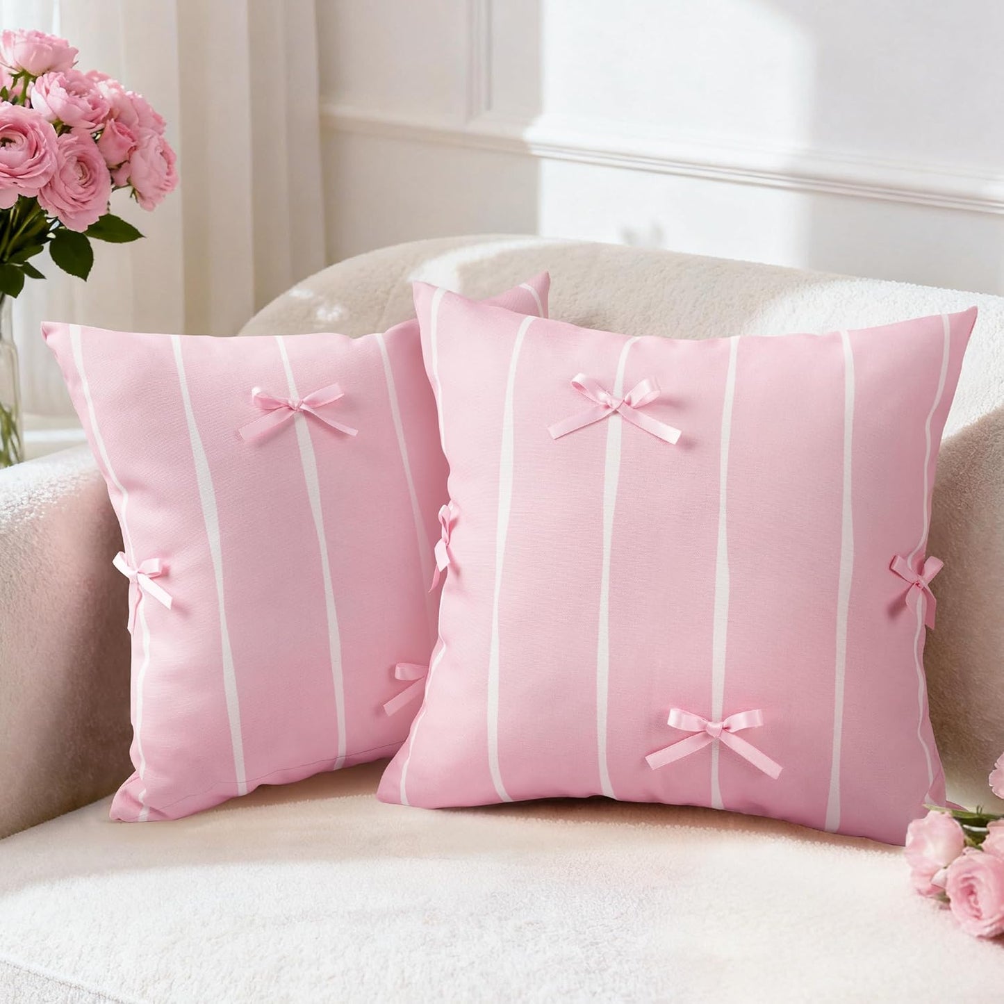 AELS Pink Bow Striped Decorative Valentine Throw Pillow Covers 18x18, Set of 2, Bowknot Pillow Case, Cute Cushion Case for Bed Couch Sofa, Pink and White Stripes, Covers Only