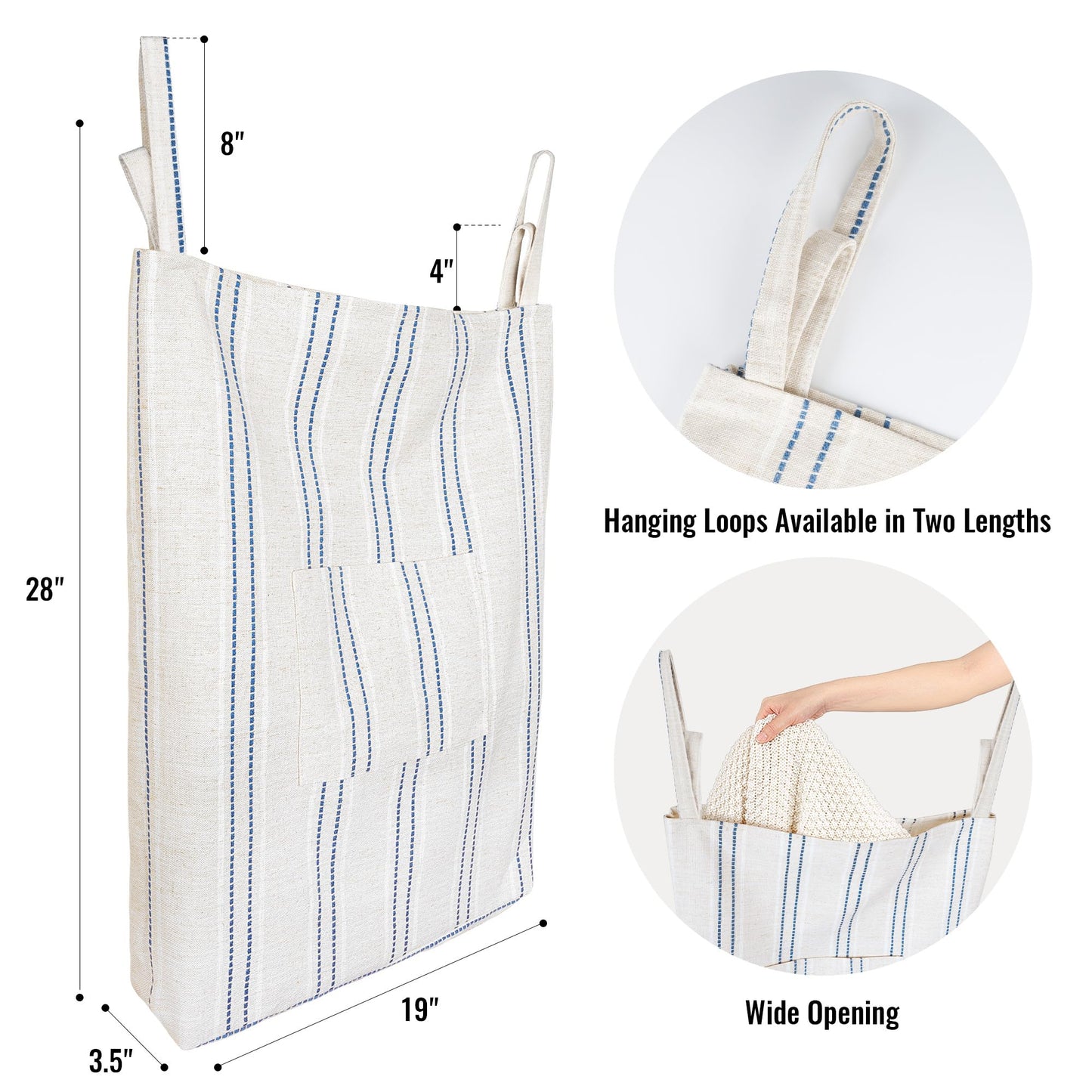 AELS Farmhouse Hanging Laundry Hamper with 2 Hooks, Washable Beige & Stripes Laundry Bag with Zipper & Wide Open Top, Over the Door Organizer for Dirty Clothes, Space Saving Storage