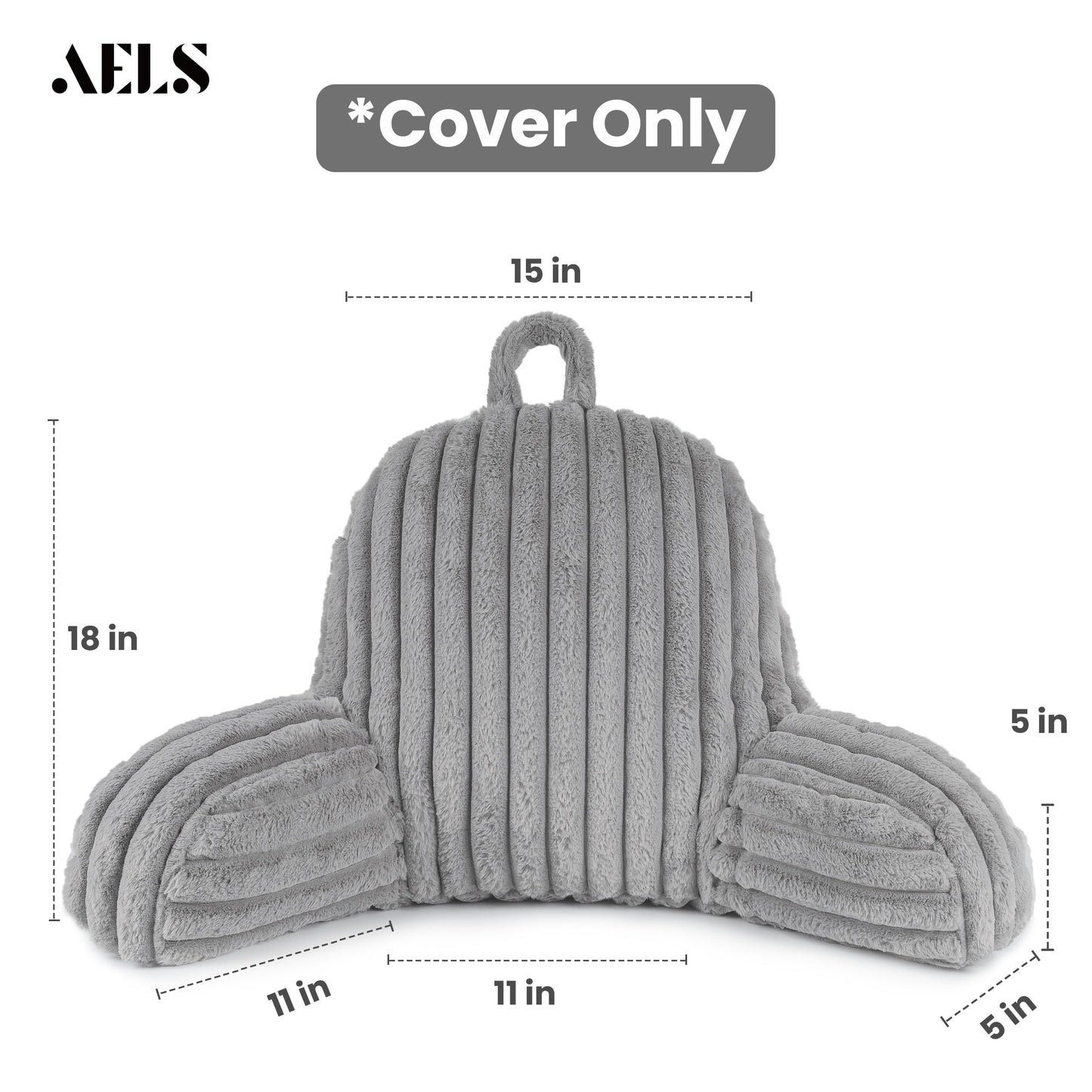 AELS Large Reading Pillow Replacement Cover with Arms and Pockets (Cover ONLY), 18" Soft Faux Fur Striped Backrest Pillow Cover Fits Standard Size Reading Pillows, Gray