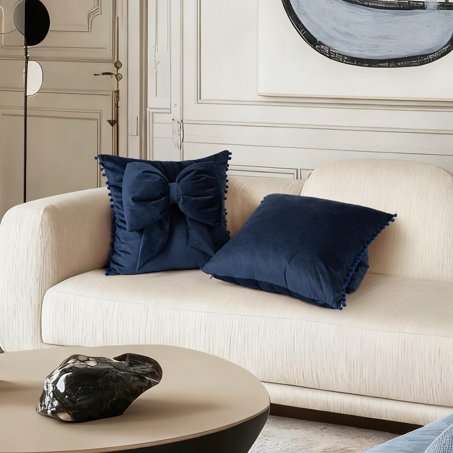 AELS Bow Pillow Cover, 18x18 Bow Decorative Set of 2, Velvet Bowknot Pillow Cover with Pom-poms for Valentine's Day, Wedding, Christmas, Living Room, Bedroom, Nursery Decor, Navy Blue