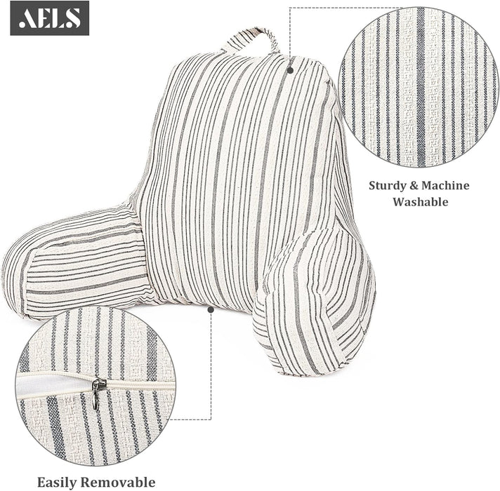 AELS Large Reading Pillow Replacement Cover with Arms and Pockets, 18" Beige with Gray Stripes Textured Linen Backrest Pillow Cover Fits Standard Size Pillows (Cover ONLY)