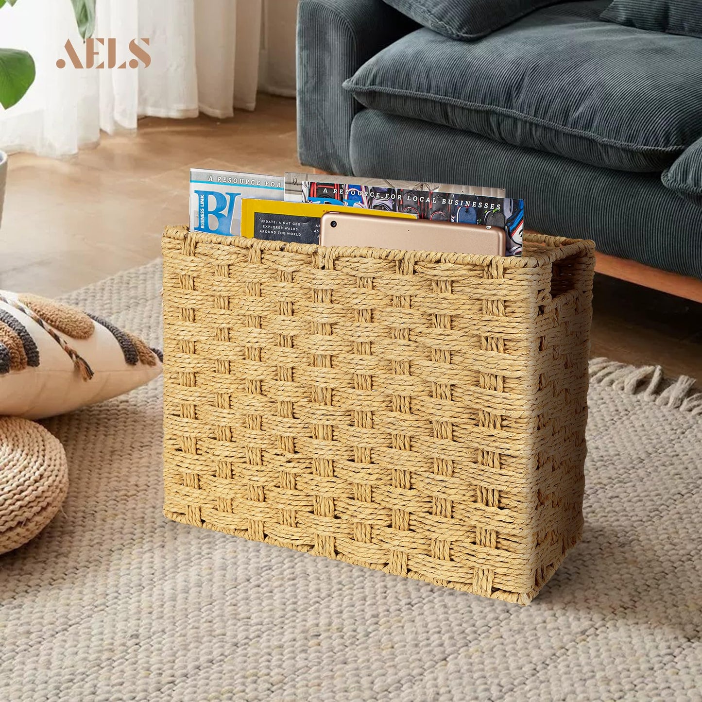 AELS Woven Natural Fibre Magazine Holder, Scalloped Edge Magazine Rack Floor, Hand-woven Magazine Organizer, Magazine Basket, Boho Modern Farmhouse Book Basket, File Newspaper Mail Holder for Office