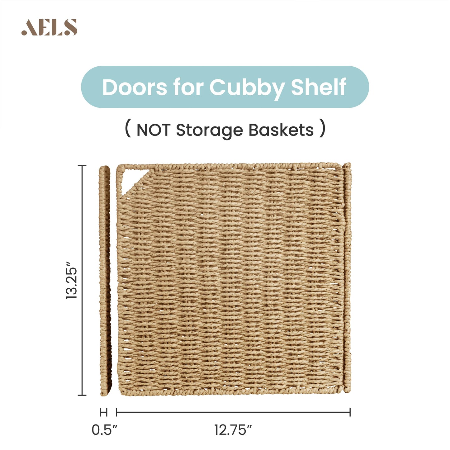 AELS 13" Handwoven Natural Fibre Doors for Cube Storage Shelf, Set of 4, Boho Straw Shelf Cover for Bookcase & Open Bookshelf, Rustic Farmhouse Home Decor, fit IKEA Kallax Shelf, Beige (Door ONLY)