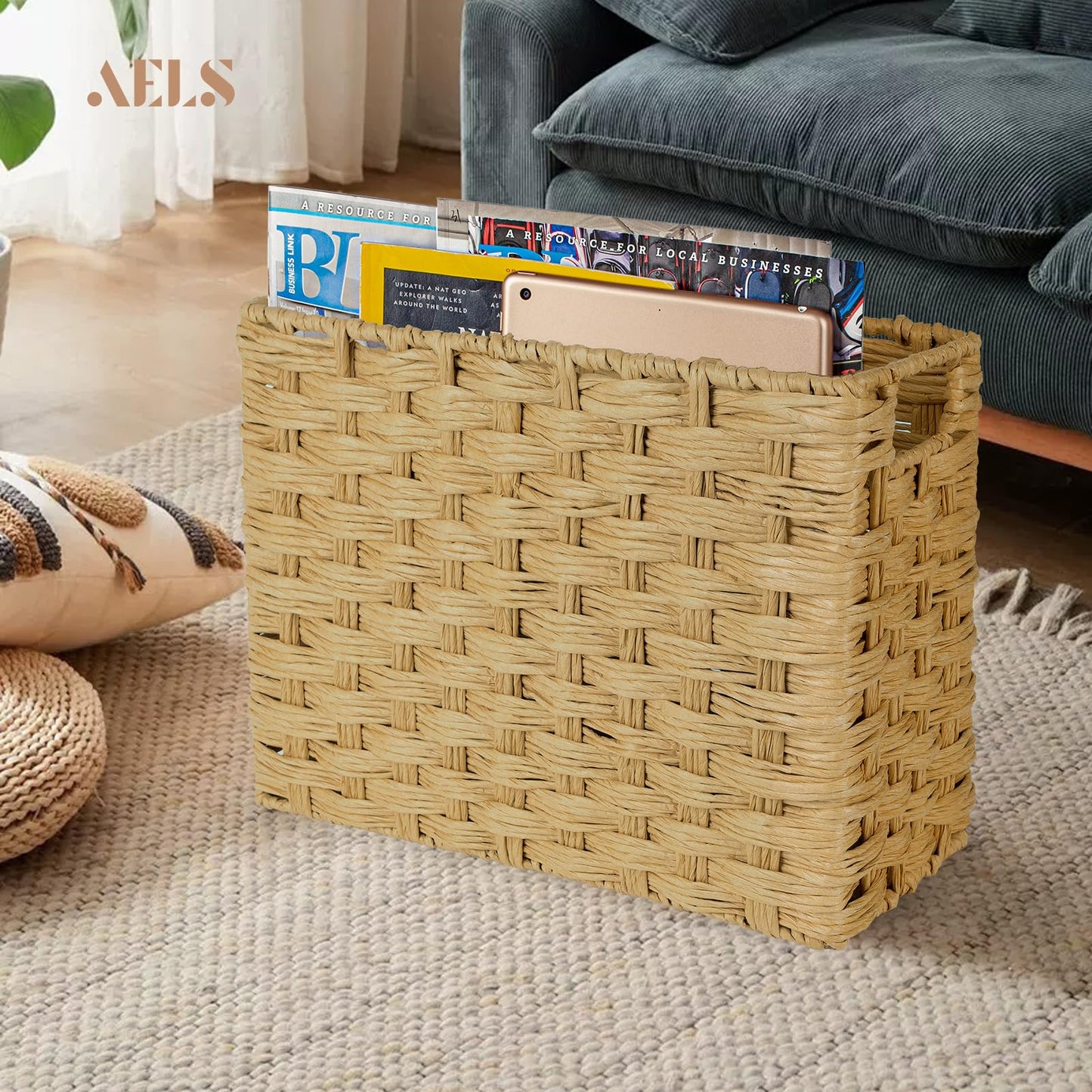 AELS Woven Natural Fibre Magazine Holder, Scalloped Edge Magazine Rack Floor, Hand-woven Magazine Organizer, Magazine Basket, Boho Modern Farmhouse Book Basket, File Newspaper Mail Holder for Office