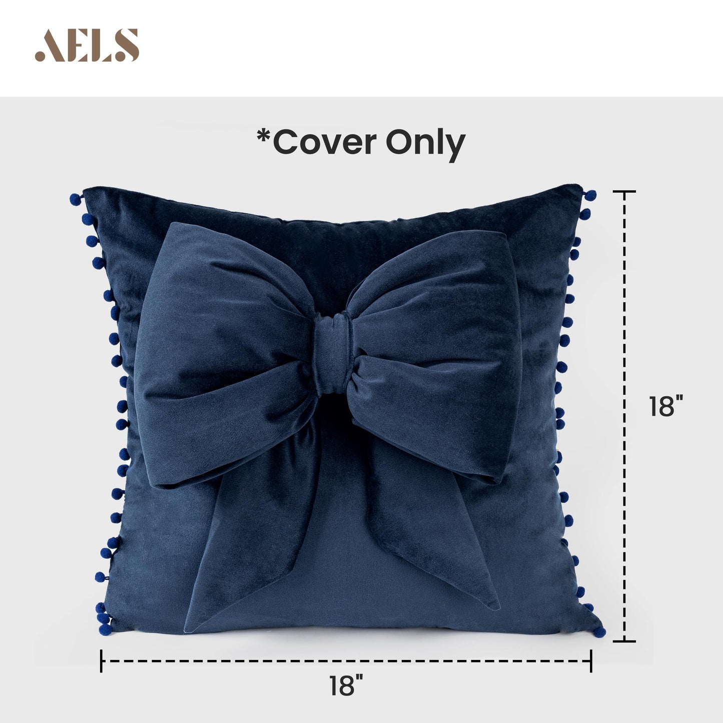 AELS Bow Pillow Cover, 18x18 Bow Decorative Set of 2, Velvet Bowknot Pillow Cover with Pom-poms for Valentine's Day, Wedding, Christmas, Living Room, Bedroom, Nursery Decor, Navy Blue